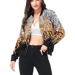 Brand New Women Z-Silver Gold Black Polyester Sequin Long Sleeve Front Zip